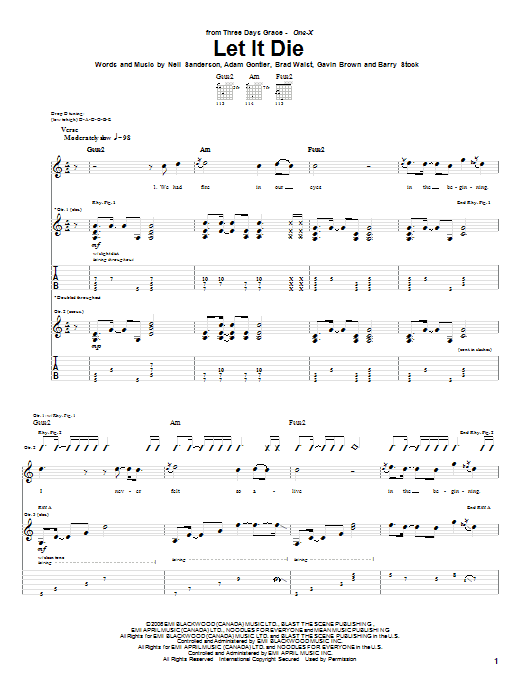 Learn to play Three Days Grace Let It Die sheet music for Guitar Tab in minutes. Price: 7.8900$ Three Days Grace Let It Die sheet music notes and chords arranged for Guitar Tab