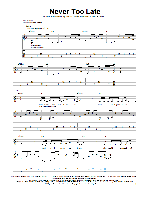 Three Days Grace Never Too Late sheet music notes and chords. Download Printable PDF.