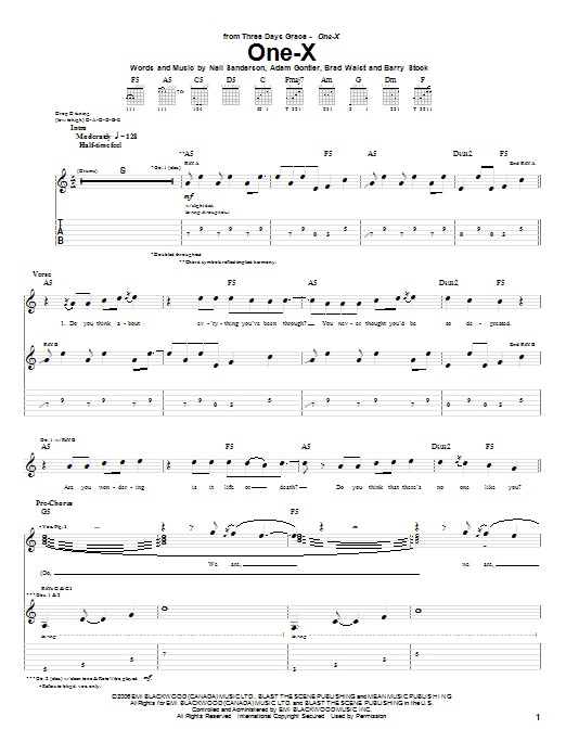 Learn to play Three Days Grace One-X sheet music for Guitar Tab in minutes. Price: 7.8900$ Three Days Grace One-X sheet music notes and chords arranged for Guitar Tab
