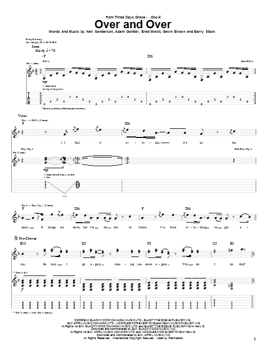 Learn to play Three Days Grace Over And Over sheet music for Guitar Tab in minutes. Price: 7.8900$ Three Days Grace Over And Over sheet music notes and chords arranged for Guitar Tab