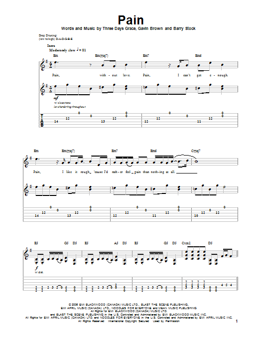 Three Days Grace Pain sheet music notes and chords. Download Printable PDF.