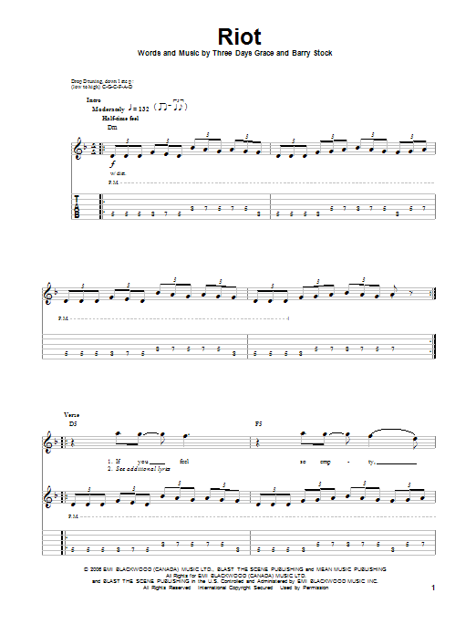 Three Days Grace Riot sheet music notes and chords. Download Printable PDF.