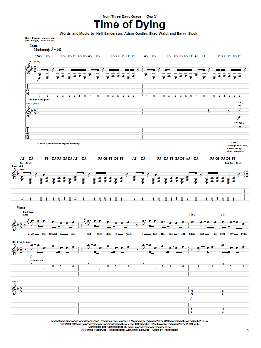 Learn to play Three Days Grace Time Of Dying sheet music for Guitar Tab in minutes. Price: 7.8900$ Three Days Grace Time Of Dying sheet music notes and chords arranged for Guitar Tab