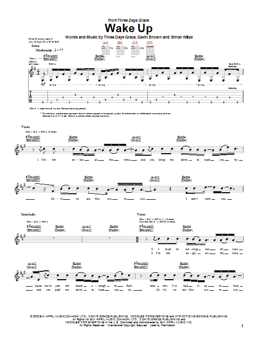 Learn to play Three Days Grace Wake Up sheet music for Guitar Tab in minutes. Price: 7.8900$ Three Days Grace Wake Up sheet music notes and chords arranged for Guitar Tab