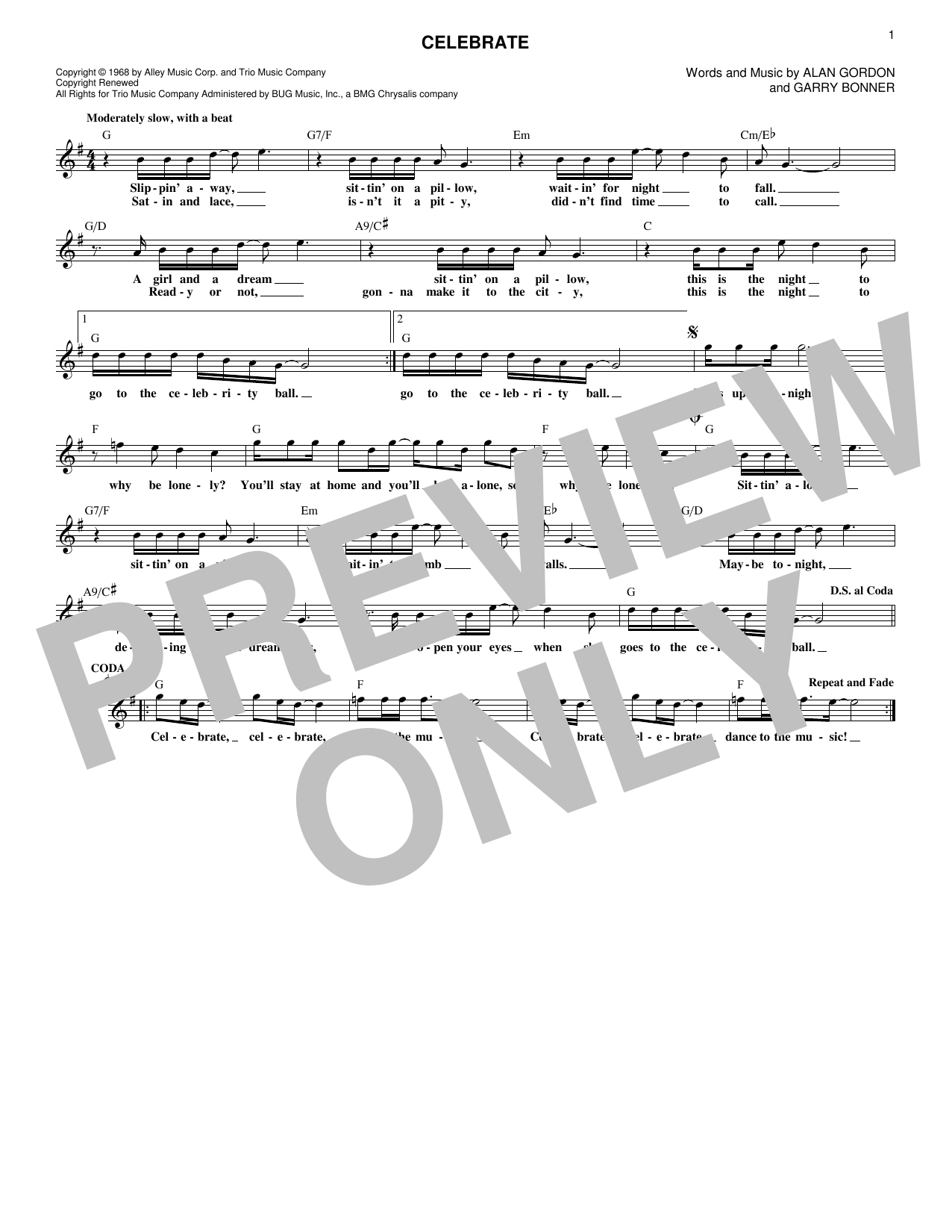 Three Dog Night Celebrate sheet music notes and chords. Download Printable PDF.