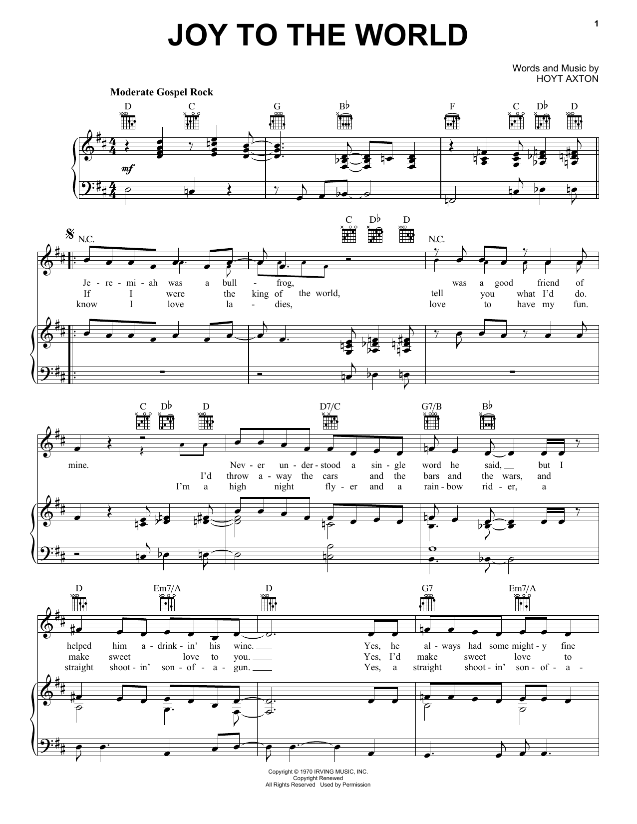 Three Dog Night Joy To The World sheet music notes and chords. Download Printable PDF.