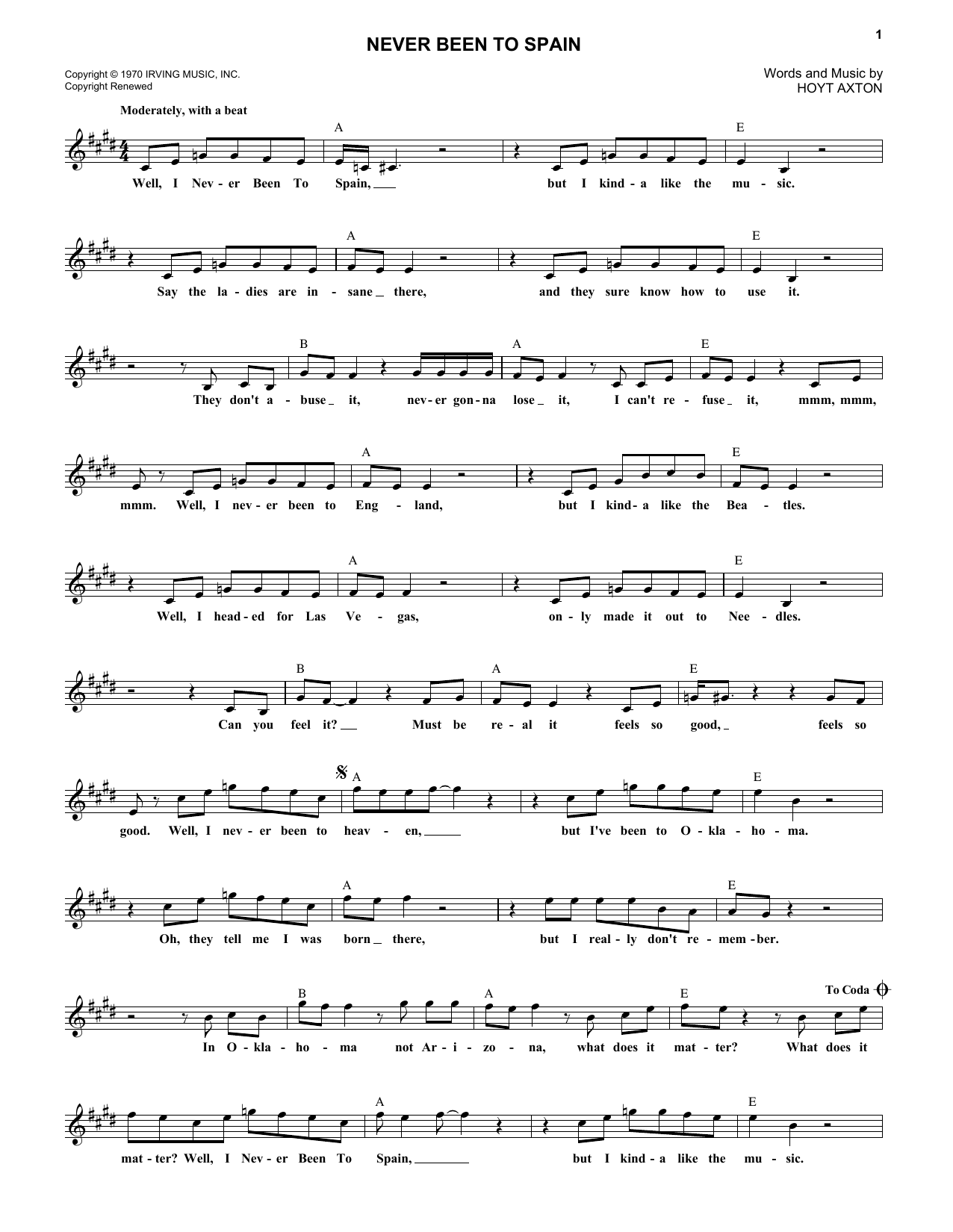 Three Dog Night Never Been To Spain sheet music notes and chords. Download Printable PDF.