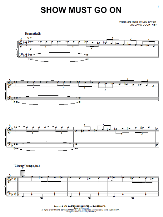 Learn to play Three Dog Night Show Must Go On sheet music for Piano, Vocal & Guitar Chords (Right-Hand Melody) in minutes. Price: 7.8900$ Three Dog Night Show Must Go On sheet music notes and chords arranged for Piano, Vocal & Guitar Chords (Right-Hand Melody)
