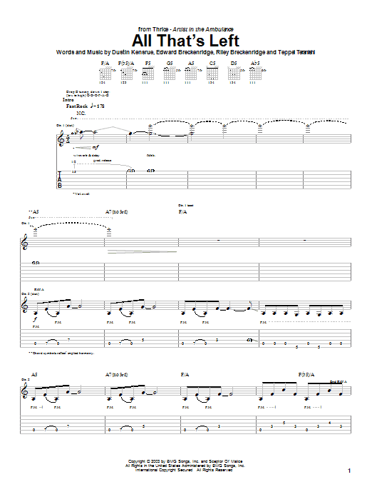 Learn to play Thrice All That's Left sheet music for Guitar Tab in minutes. Price: 7.8900$ Thrice All That's Left sheet music notes and chords arranged for Guitar Tab