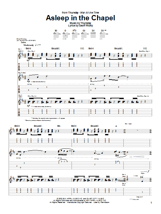 Learn to play Thursday Asleep In The Chapel sheet music for Guitar Tab in minutes. Price: 7.8900$ Thursday Asleep In The Chapel sheet music notes and chords arranged for Guitar Tab