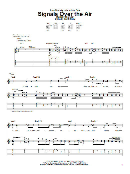 Thursday Signals Over The Air sheet music notes and chords arranged for Guitar Tab
