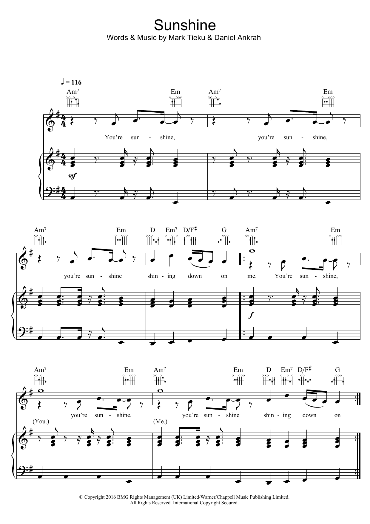 Learn to play TIEKS Sunshine (feat. Dan Harkna) sheet music for Piano, Vocal & Guitar Chords in minutes. Price: 7.8900$ TIEKS Sunshine (feat. Dan Harkna) sheet music notes and chords arranged for Piano, Vocal & Guitar Chords