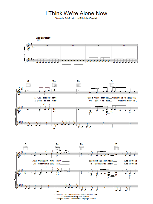 Tiffany I Think We're Alone Now sheet music notes and chords. Download Printable PDF.