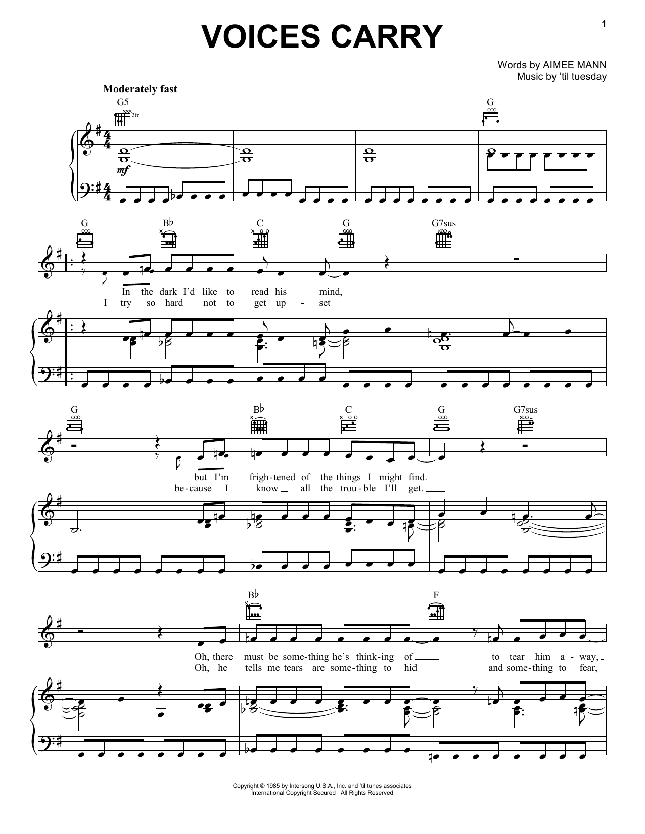 'til tuesday Voices Carry sheet music notes and chords. Download Printable PDF.