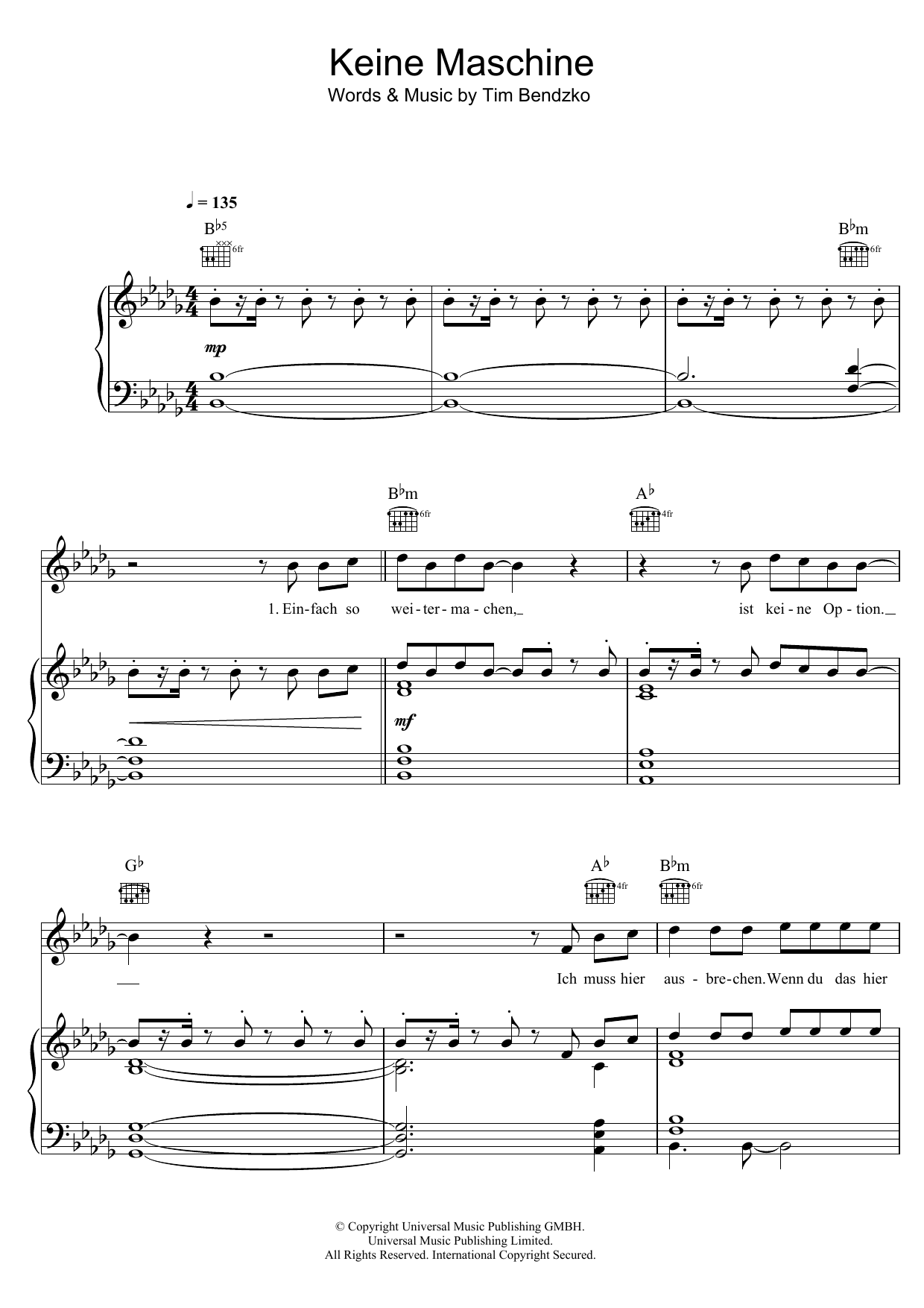 Tim Bendzko Keine Maschine sheet music notes and chords. Download Printable PDF.