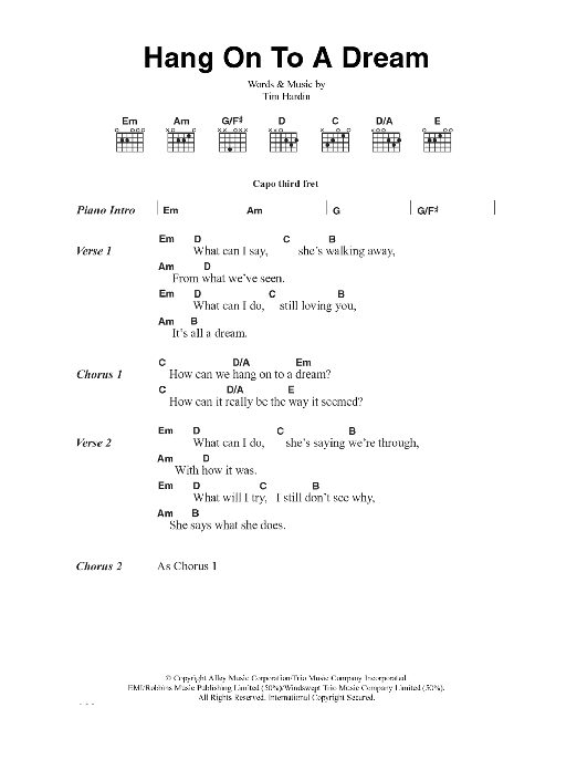 Tim Hardin Hang On To A Dream sheet music notes and chords. Download Printable PDF.