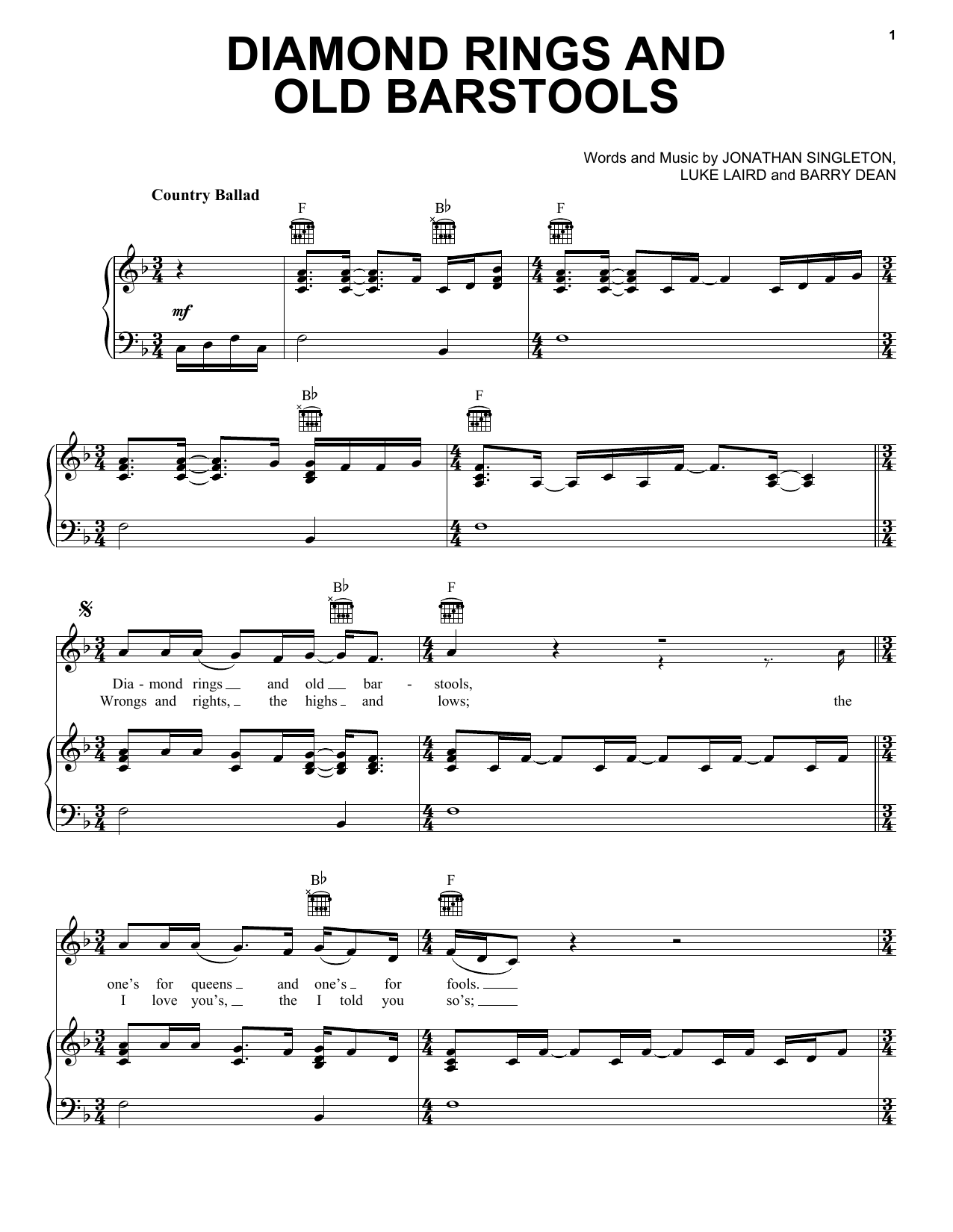 Learn to play Tim McGraw Diamond Rings And Old Barstools sheet music for Piano, Vocal & Guitar Chords (Right-Hand Melody) in minutes. Price: 7.8900$ Tim McGraw Diamond Rings And Old Barstools sheet music notes and chords arranged for Piano, Vocal & Guitar Chords (Right-Hand Melody)