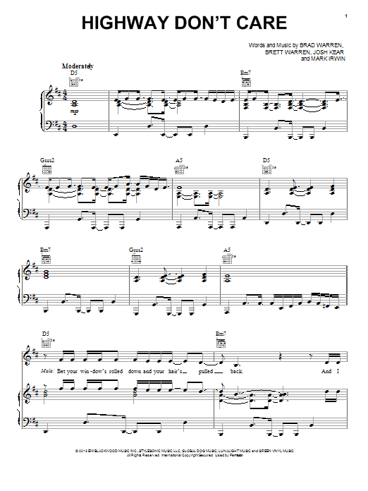 Learn to play Tim McGraw Highway Don't Care sheet music for Piano, Vocal & Guitar Chords (Right-Hand Melody) in minutes. Price: 7.8900$ Tim McGraw Highway Don't Care sheet music notes and chords arranged for Piano, Vocal & Guitar Chords (Right-Hand Melody)