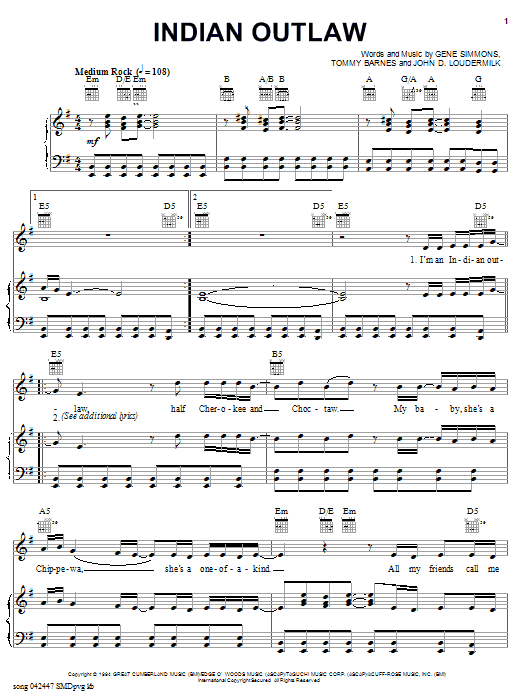 Learn to play Tim McGraw Indian Outlaw sheet music for Piano, Vocal & Guitar Chords (Right-Hand Melody) in minutes. Price: 7.8900$ Tim McGraw Indian Outlaw sheet music notes and chords arranged for Piano, Vocal & Guitar Chords (Right-Hand Melody)