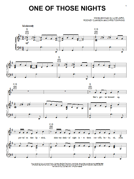 Learn to play Tim McGraw One Of Those Nights sheet music for Piano, Vocal & Guitar Chords (Right-Hand Melody) in minutes. Price: 7.8900$ Tim McGraw One Of Those Nights sheet music notes and chords arranged for Piano, Vocal & Guitar Chords (Right-Hand Melody)