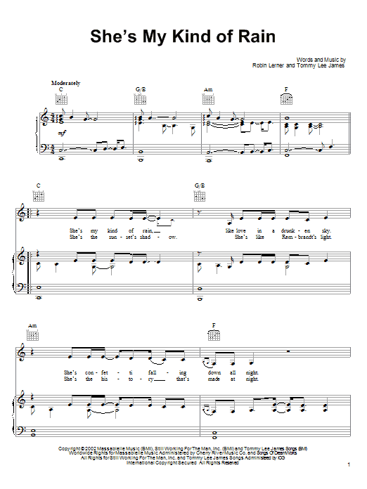 Tim McGraw She's My Kind Of Rain sheet music notes and chords. Download Printable PDF.