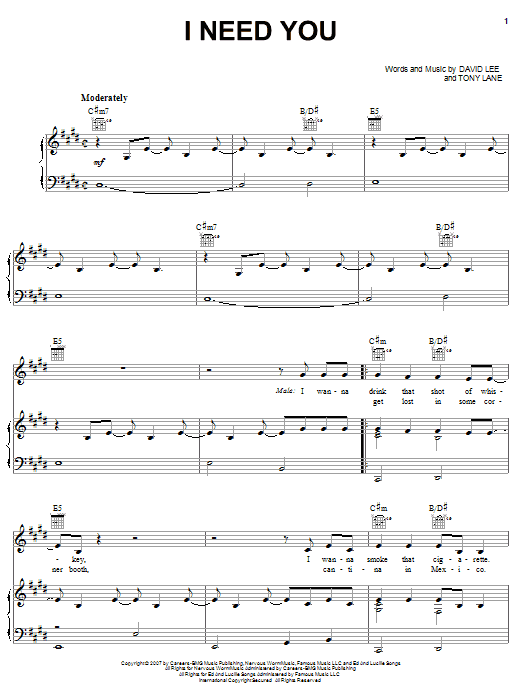 Learn to play Tim McGraw with Faith Hill I Need You sheet music for Piano, Vocal & Guitar Chords (Right-Hand Melody) in minutes. Price: 7.8900$ Tim McGraw with Faith Hill I Need You sheet music notes and chords arranged for Piano, Vocal & Guitar Chords (Right-Hand Melody)