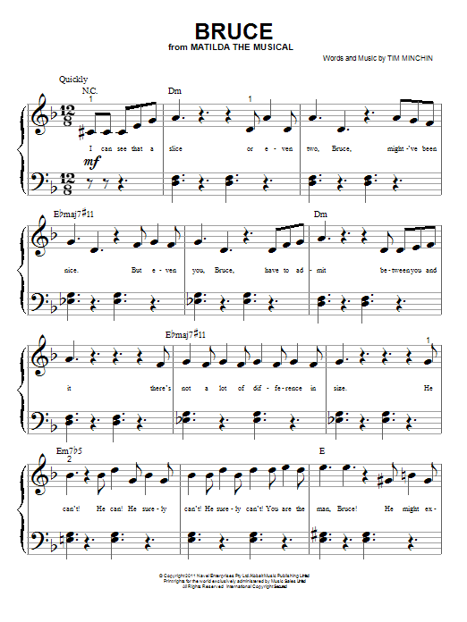Learn to play Tim Minchin Bruce (from 'Matilda The Musical') sheet music for Big Note Piano in minutes. Price: 6.9900$ Tim Minchin Bruce (from 'Matilda The Musical') sheet music notes and chords arranged for Big Note Piano