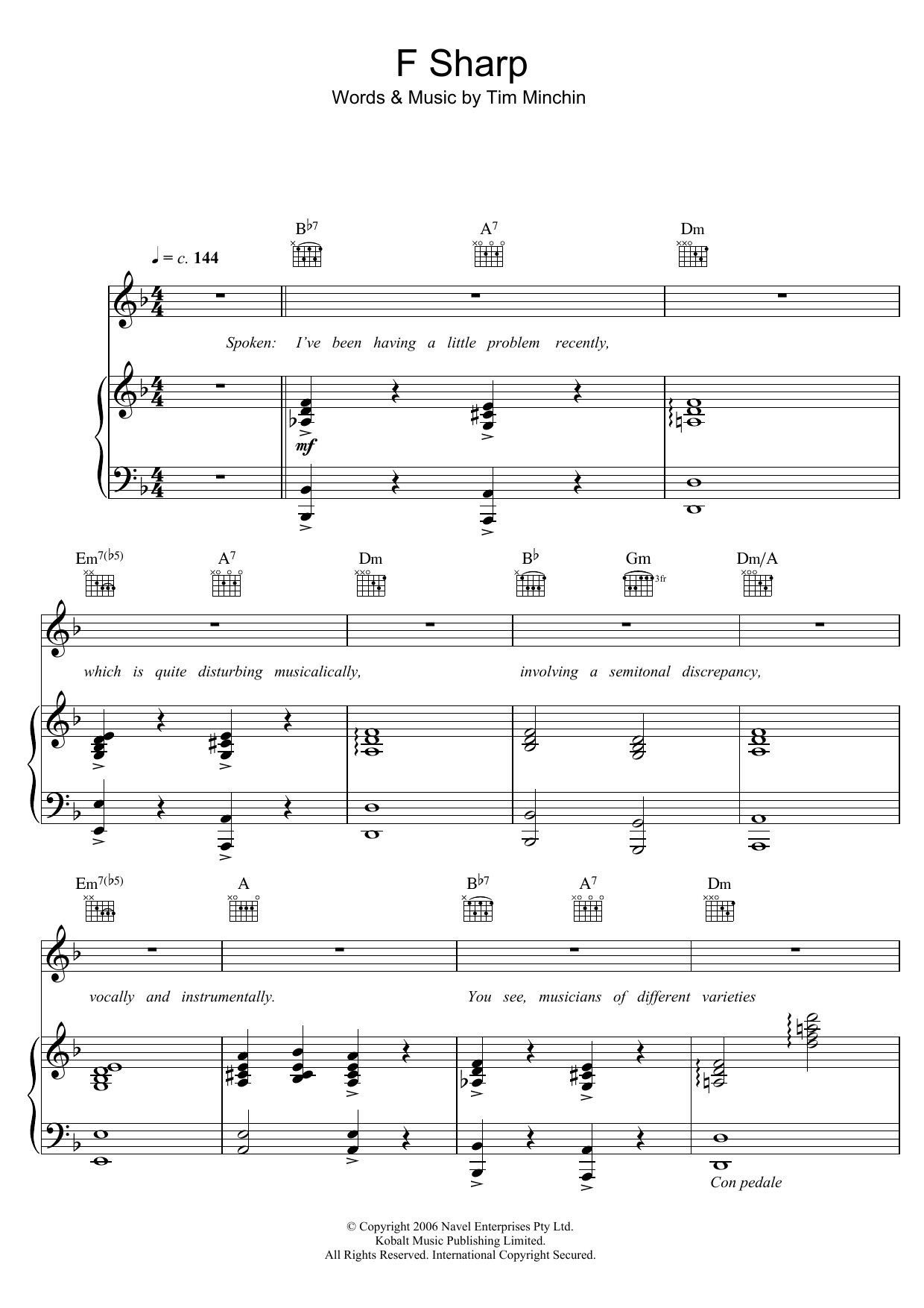 Learn to play Tim Minchin F Sharp sheet music for Piano, Vocal & Guitar Chords in minutes. Price: 7.8900$ Tim Minchin F Sharp sheet music notes and chords arranged for Piano, Vocal & Guitar Chords