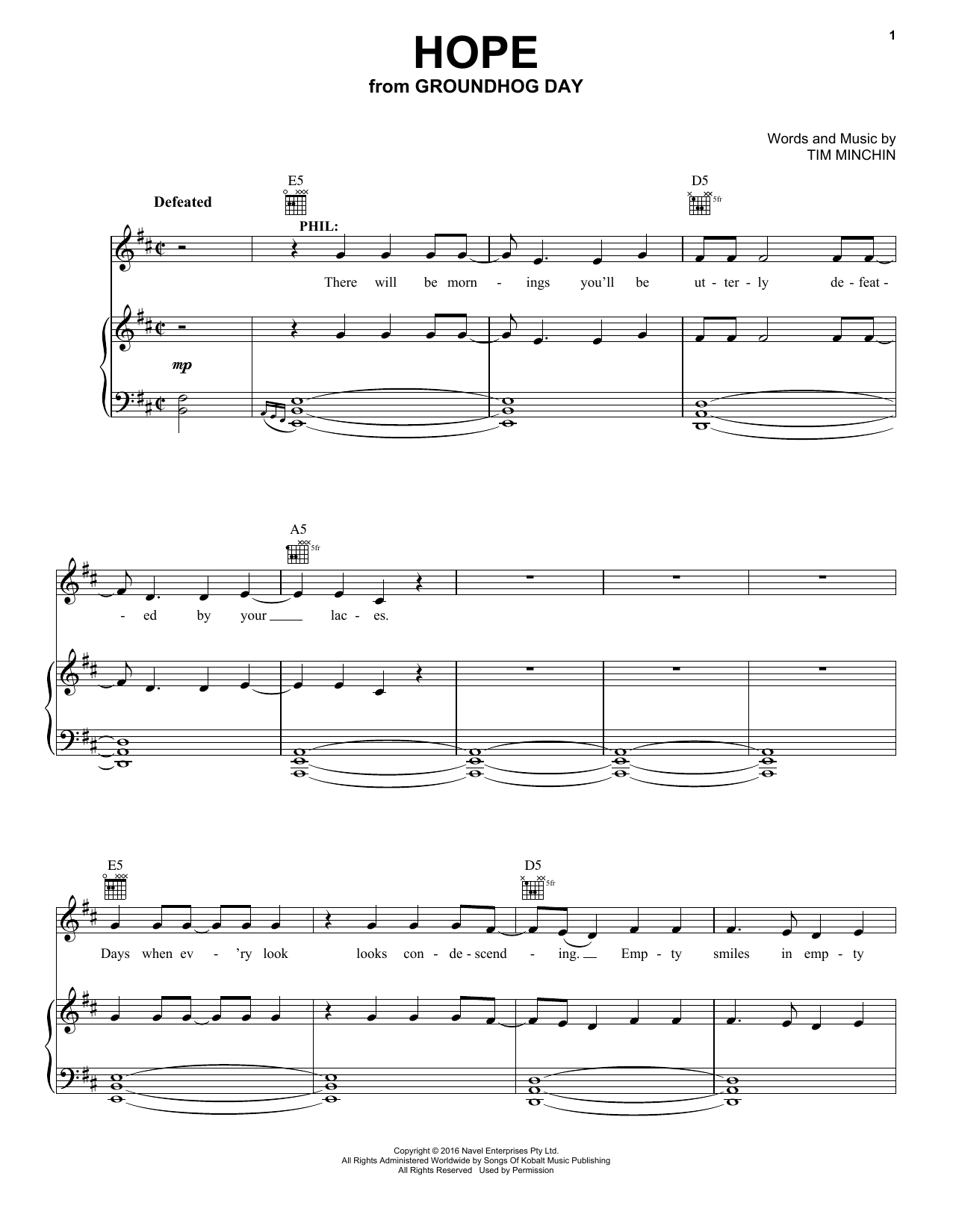 Tim Minchin Hope (from Groundhog Day The Musical) sheet music notes and chords. Download Printable PDF.