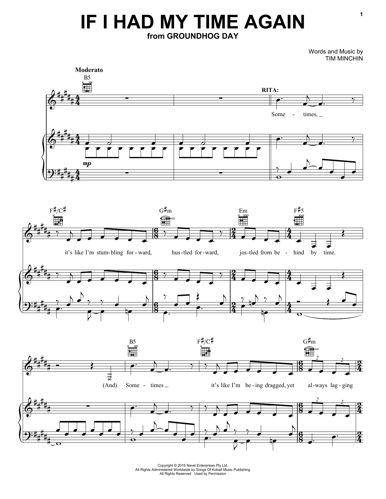 Tim Minchin If I Had My Time Again (from Groundhog Day The Musical) sheet music notes and chords. Download Printable PDF.