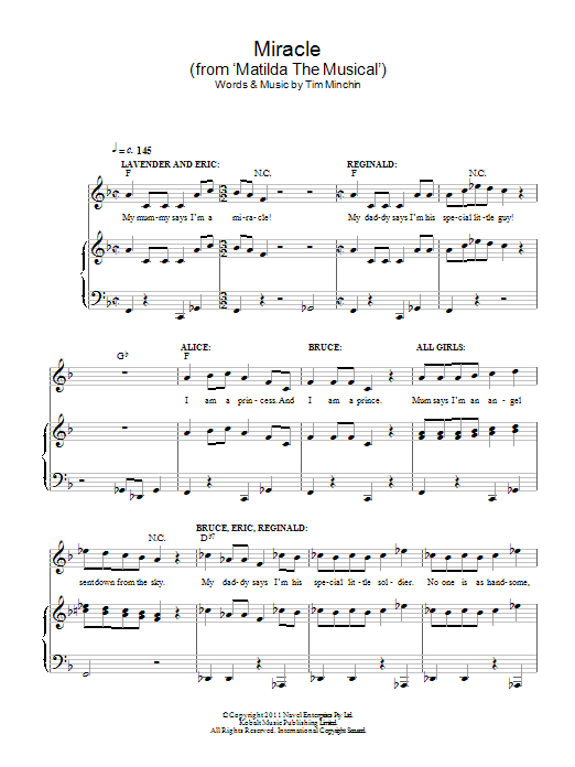 Learn to play Tim Minchin Miracle (From 'Matilda The Musical') sheet music for Piano & Vocal in minutes. Price: 7.8900$ Tim Minchin Miracle (From 'Matilda The Musical') sheet music notes and chords arranged for Piano & Vocal