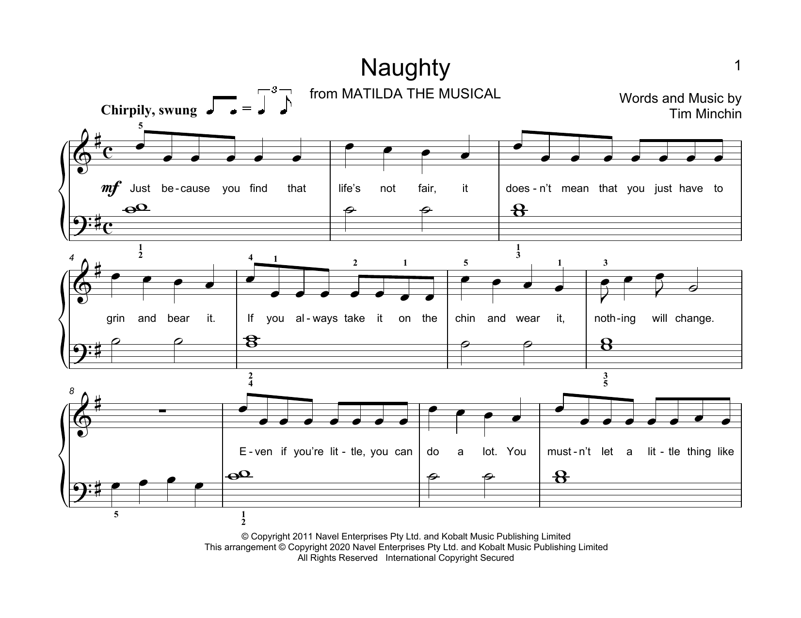 Learn to play Tim Minchin Naughty (from Matilda The Musical) (arr. Christopher Hussey) sheet music for Educational Piano in minutes. Price: 6.9900$ Tim Minchin Naughty (from Matilda The Musical) (arr. Christopher Hussey) sheet music notes and chords arranged for Educational Piano