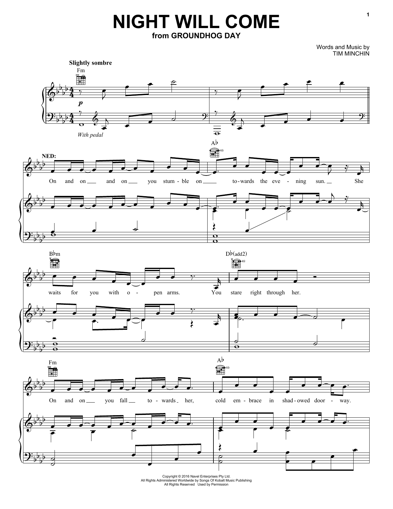 Tim Minchin Night Will Come (from Groundhog Day The Musical) sheet music notes and chords. Download Printable PDF.