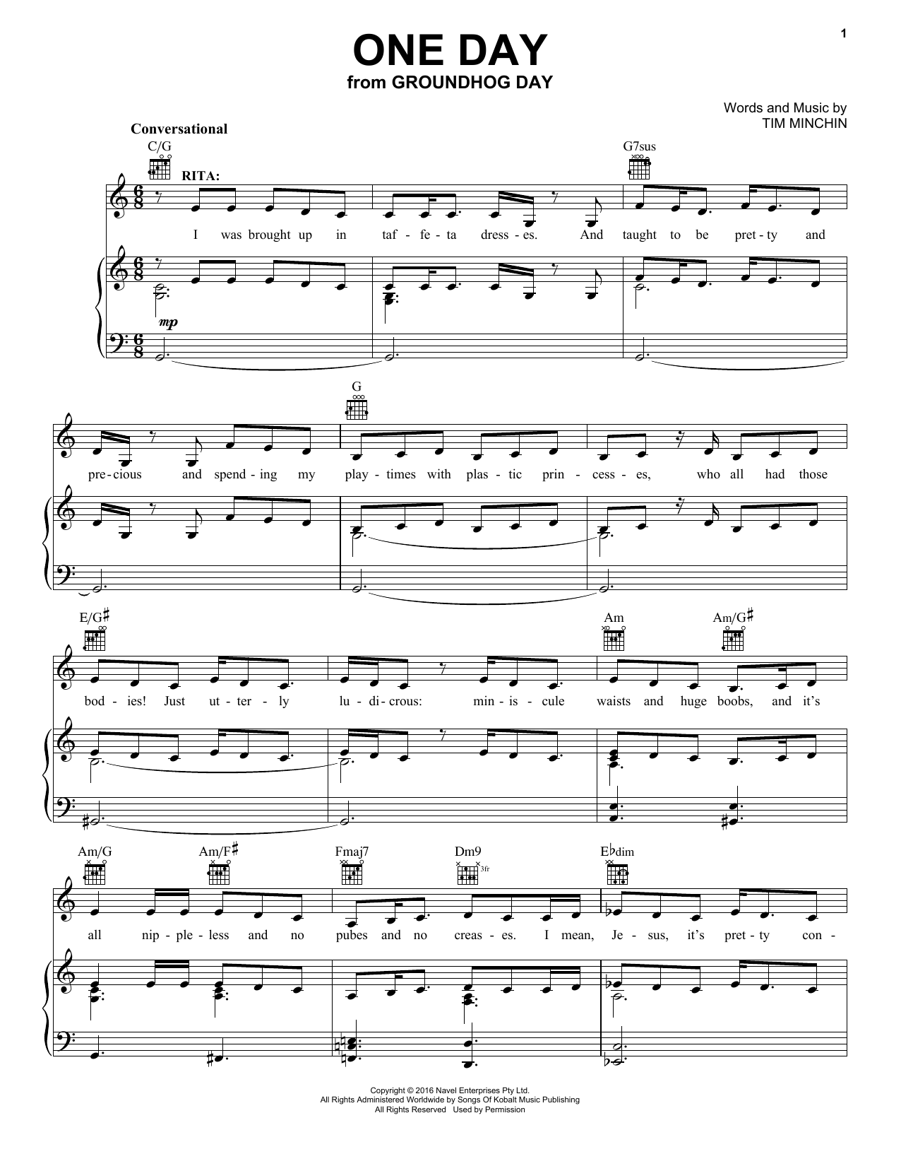 Tim Minchin One Day (from Groundhog Day The Musical) sheet music notes and chords. Download Printable PDF.