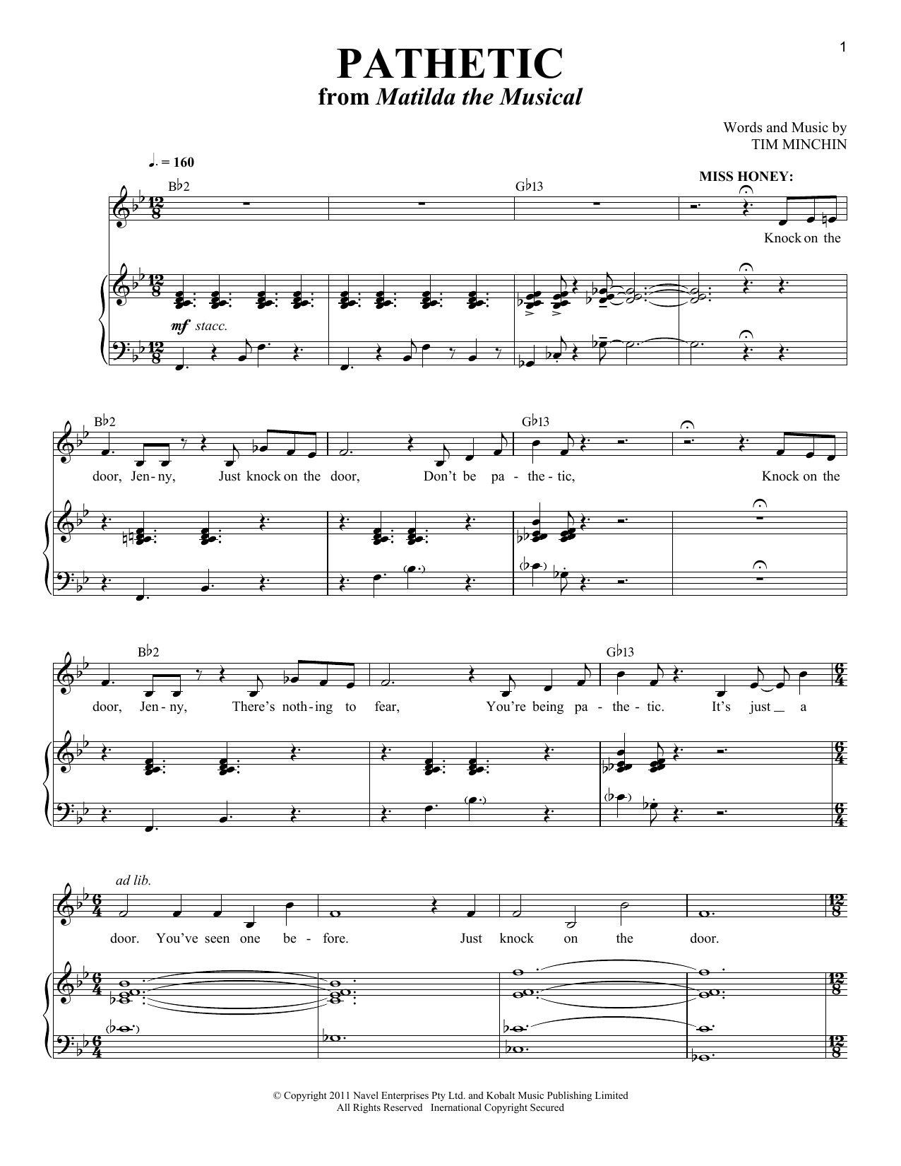 Tim Minchin Pathetic (from Matilda the Musical) sheet music notes and chords. Download Printable PDF.