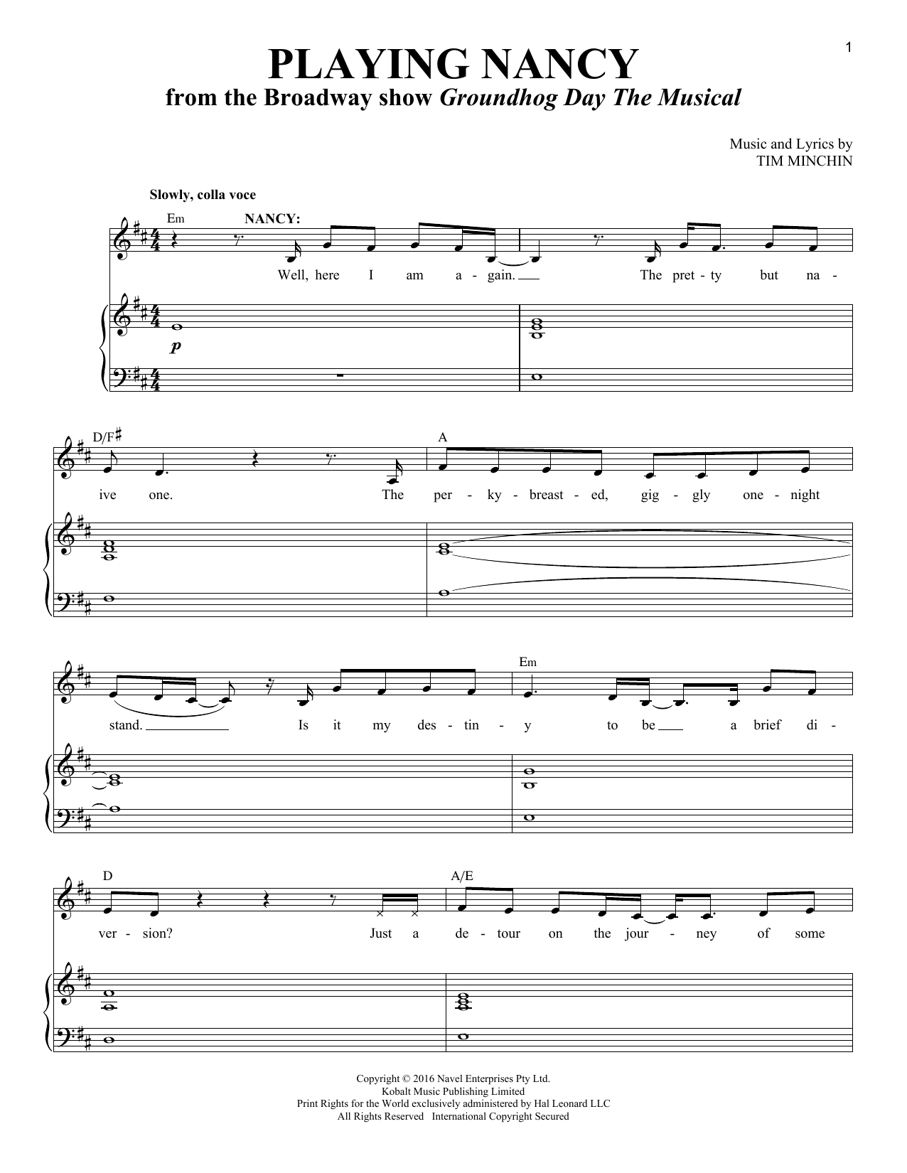 Tim Minchin Playing Nancy (from Groundhog Day The Musical) sheet music notes and chords. Download Printable PDF.