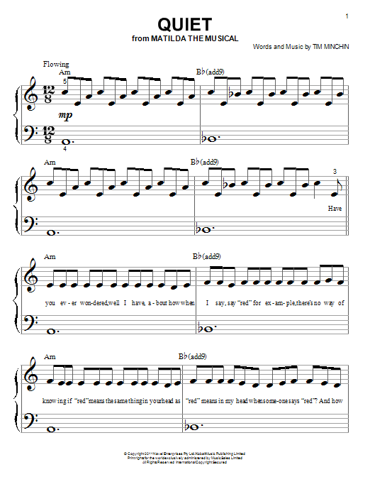 Tim Minchin Quiet (From 'Matilda The Musical') sheet music notes and chords. Download Printable PDF.