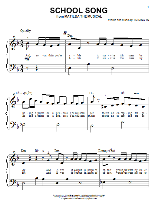 Tim Minchin School Song (from 'Matilda The Musical') sheet music notes and chords. Download Printable PDF.