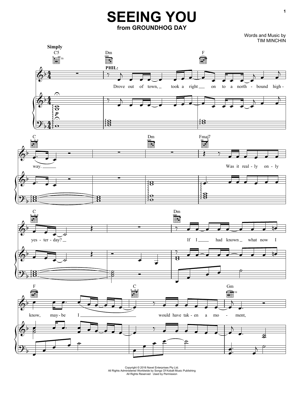 Tim Minchin Seeing You (from Groundhog Day The Musical) sheet music notes and chords. Download Printable PDF.