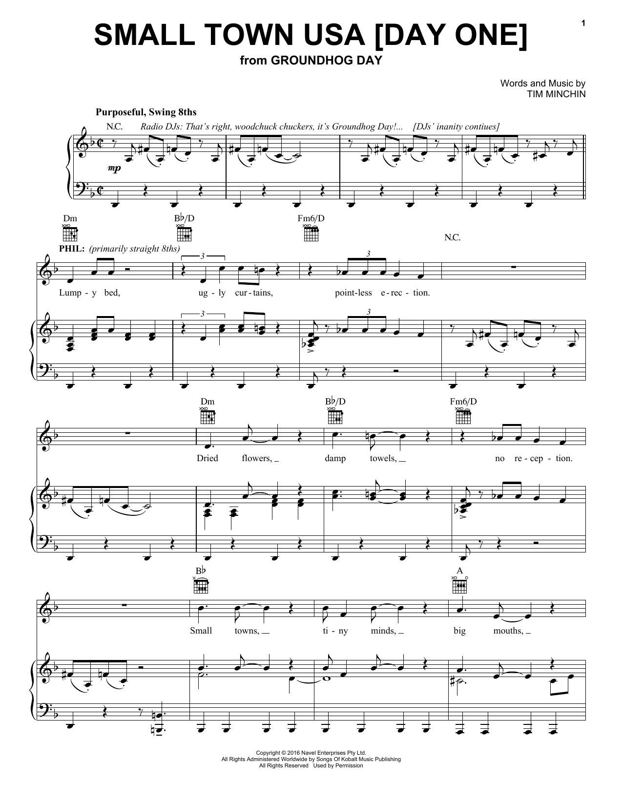 Tim Minchin Small Town USA [Day One] (from Groundhog Day The Musical) sheet music notes and chords. Download Printable PDF.