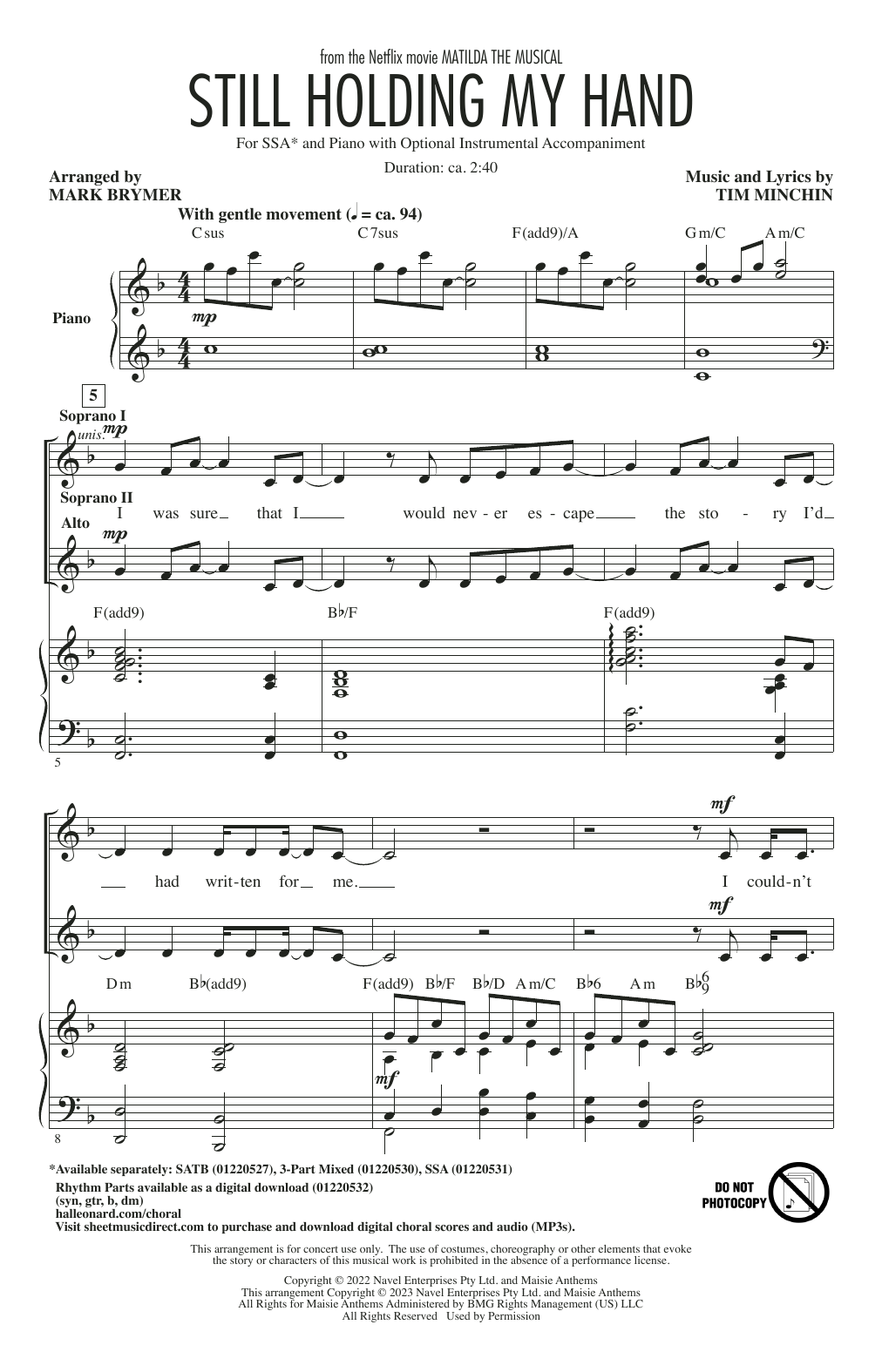 Tim Minchin Still Holding My Hand (from Matilda The Musical) (arr. Mark Brymer) sheet music notes and chords. Download Printable PDF.