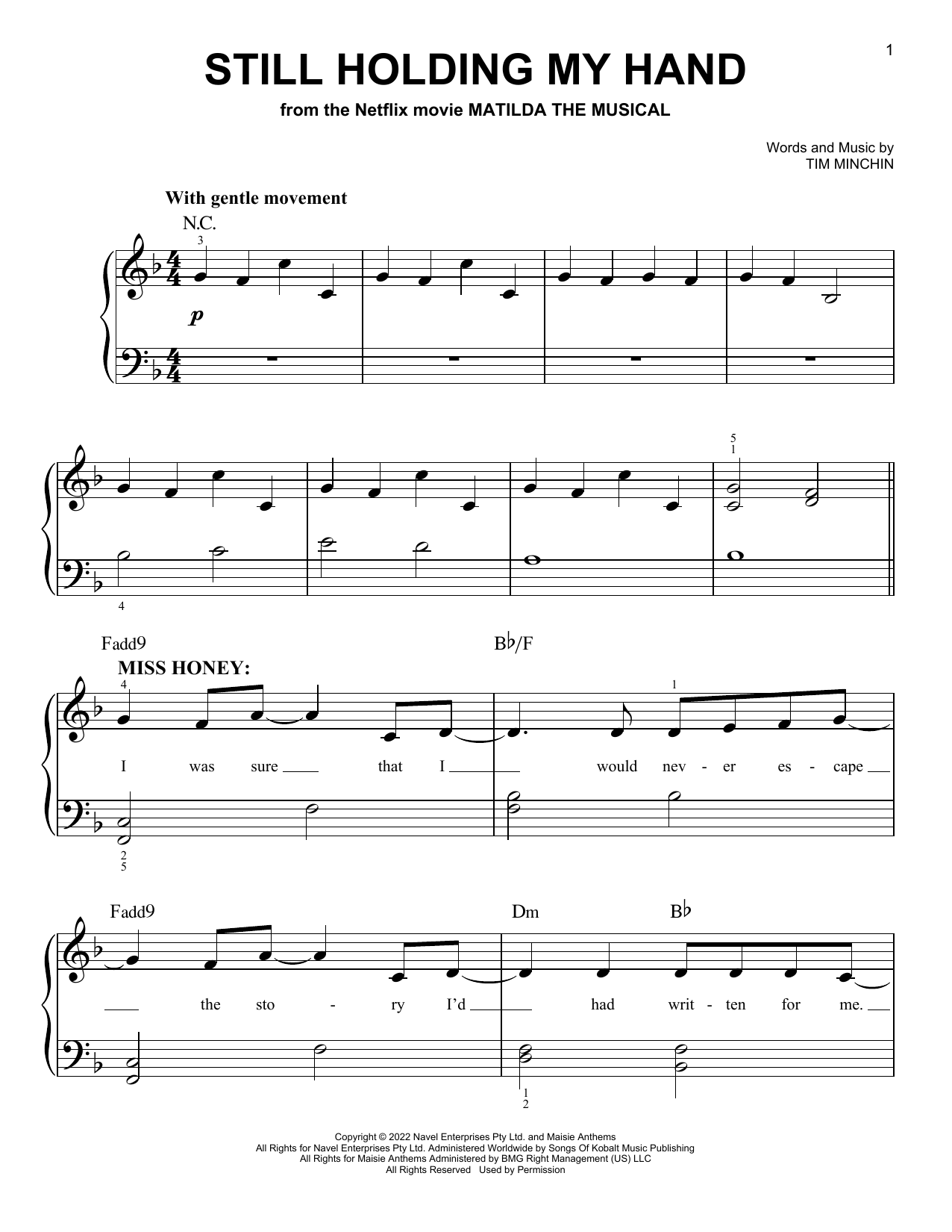 Tim Minchin Still Holding My Hand (from the Netflix movie Matilda The Musical) sheet music notes and chords. Download Printable PDF.