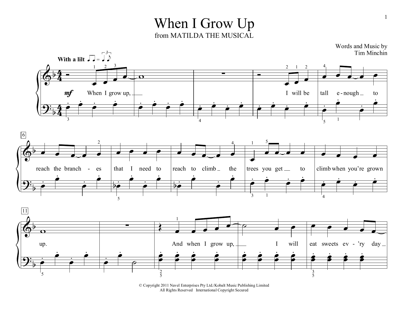 Learn to play Tim Minchin When I Grow Up (from Matilda the Musical) (arr. Christopher Hussey) sheet music for Educational Piano in minutes. Price: 6.9900$ Tim Minchin When I Grow Up (from Matilda the Musical) (arr. Christopher Hussey) sheet music notes and chords arranged for Educational Piano