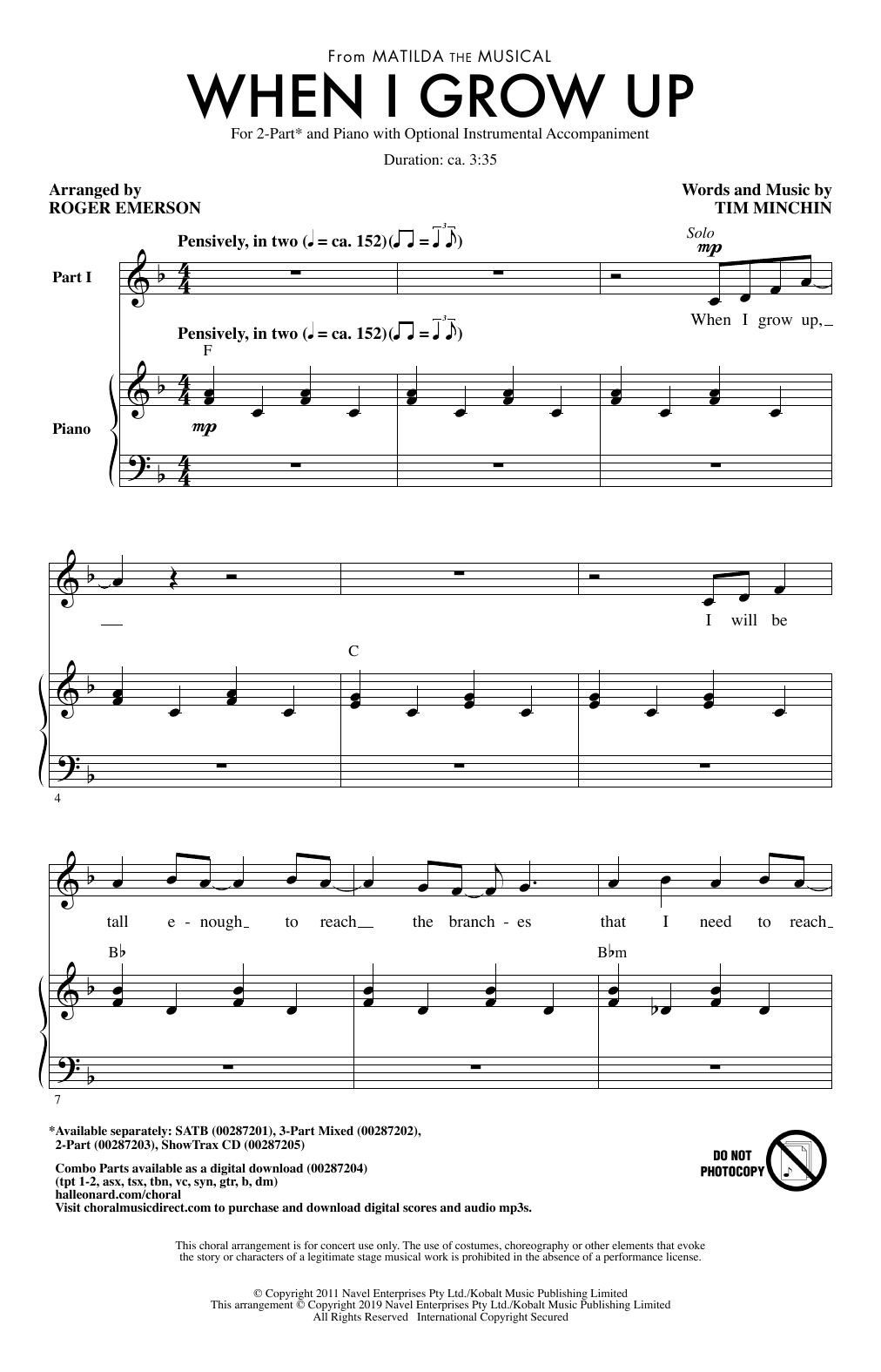 Tim Minchin When I Grow Up (from Matilda: The Musical) (arr. Roger Emerson) sheet music notes and chords. Download Printable PDF.