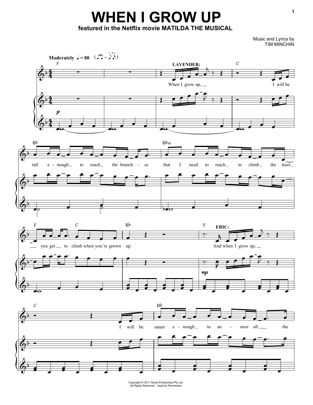 Tim Minchin When I Grow Up (from the Netflix movie Matilda The Musical) sheet music notes and chords. Download Printable PDF.