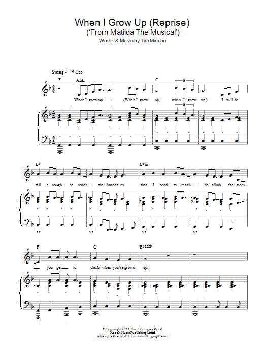 Learn to play Tim Minchin When I Grow Up (Reprise) (From 'Matilda The Musical') sheet music for Piano & Vocal in minutes. Price: 7.8900$ Tim Minchin When I Grow Up (Reprise) (From 'Matilda The Musical') sheet music notes and chords arranged for Piano & Vocal