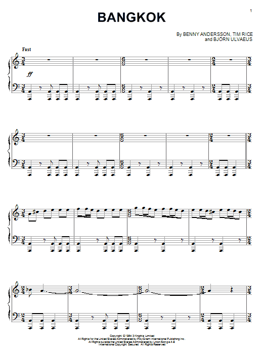 Learn to play Andersson and Ulvaeus Bangkok (from Chess) sheet music for Piano Solo in minutes. Price: 7.8900$ Andersson and Ulvaeus Bangkok (from Chess) sheet music notes and chords arranged for Piano Solo