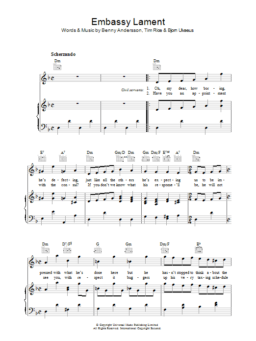 Learn to play Andersson and Ulvaeus Embassy Lament (from Chess) sheet music for Piano, Vocal & Guitar Chords in minutes. Price: 7.8900$ Andersson and Ulvaeus Embassy Lament (from Chess) sheet music notes and chords arranged for Piano, Vocal & Guitar Chords