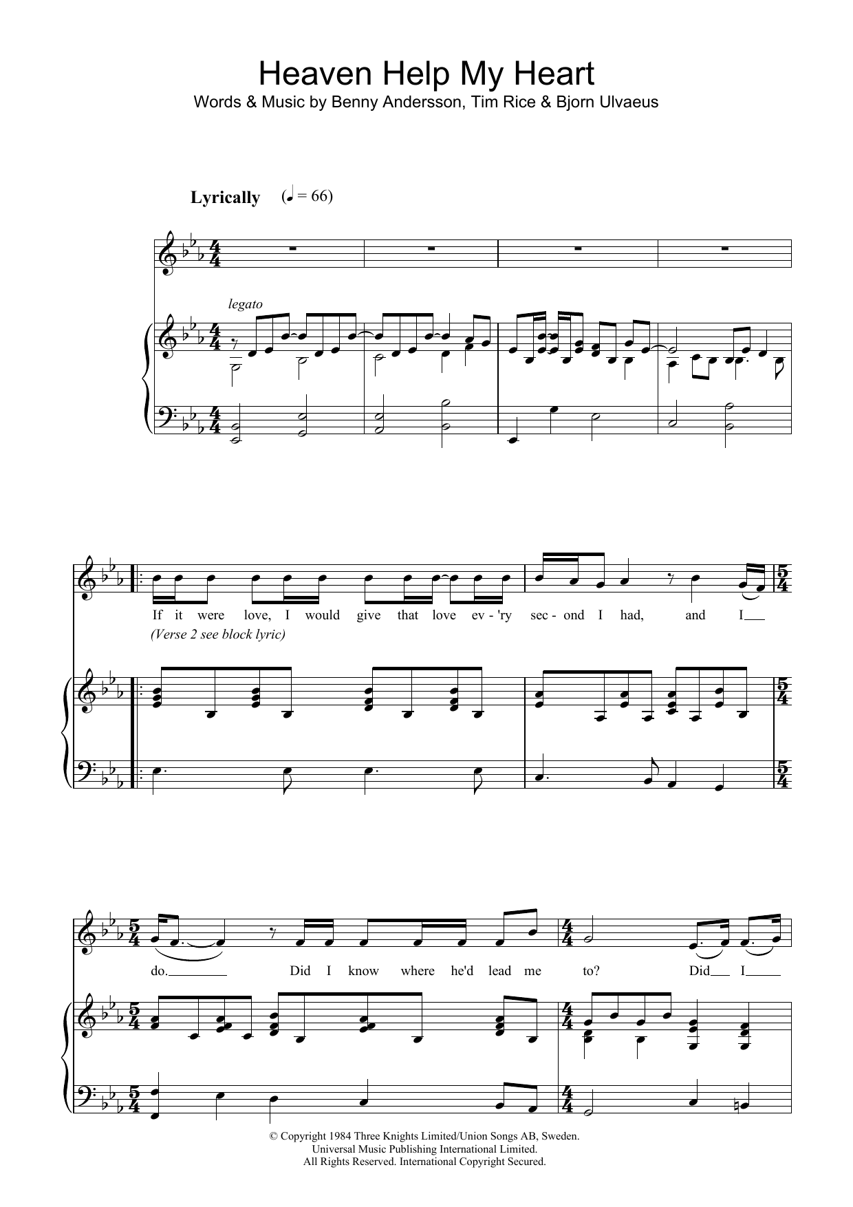 Learn to play Andersson and Ulvaeus Heaven Help My Heart (from Chess) sheet music for Piano & Vocal in minutes. Price: 7.8900$ Andersson and Ulvaeus Heaven Help My Heart (from Chess) sheet music notes and chords arranged for Piano & Vocal