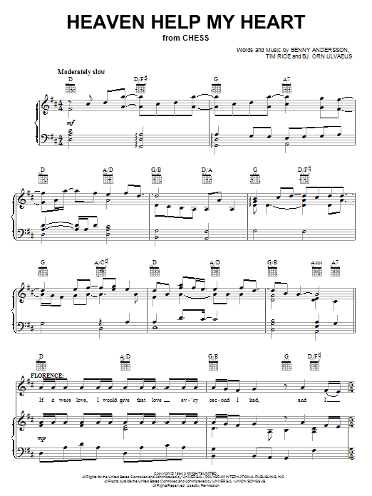 Andersson and Ulvaeus Heaven Help My Heart (from Chess) sheet music notes and chords. Download Printable PDF.